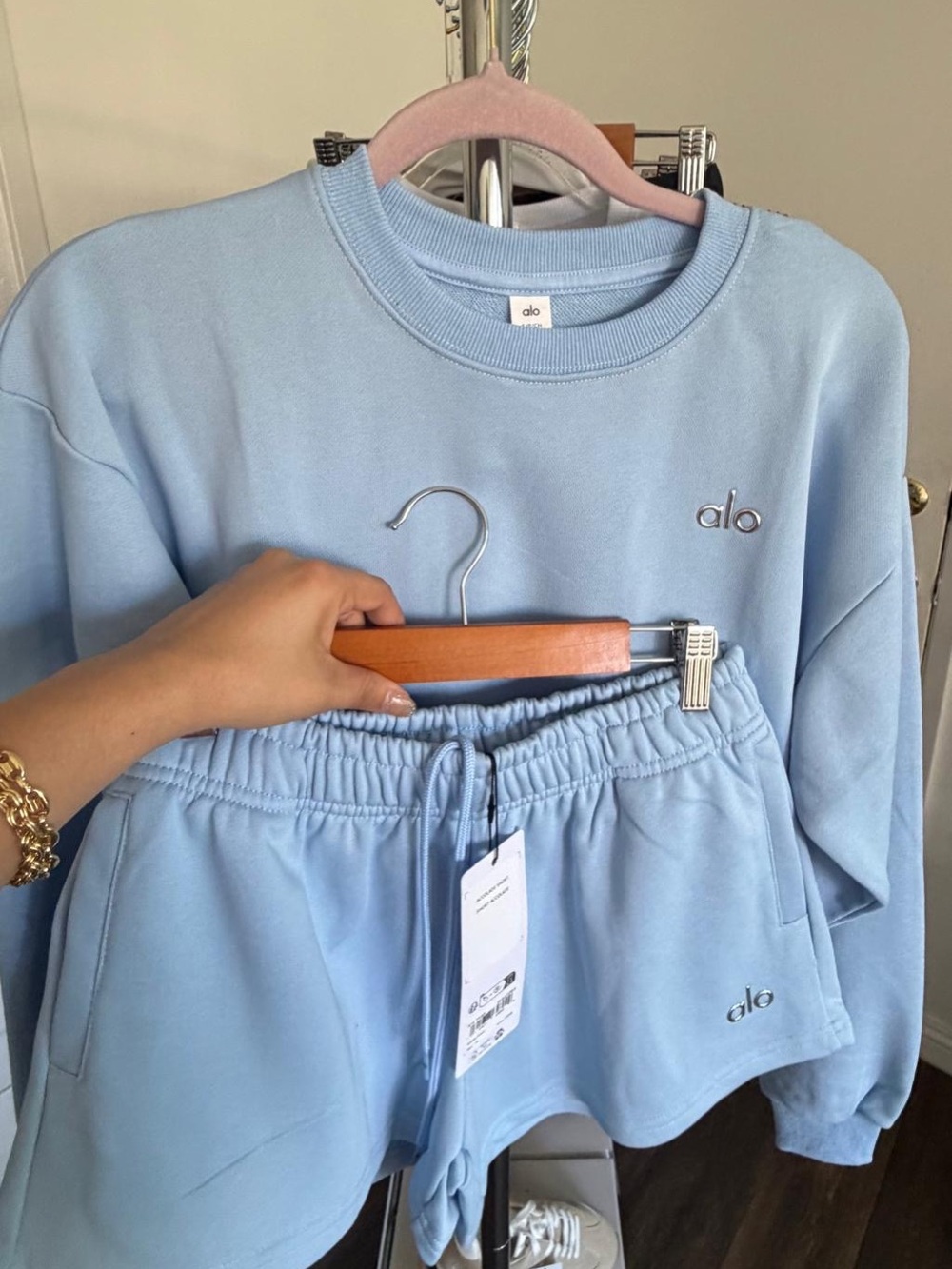 Yoga Light Blue Cropped Sweatshirt & Athletic Shorts Set